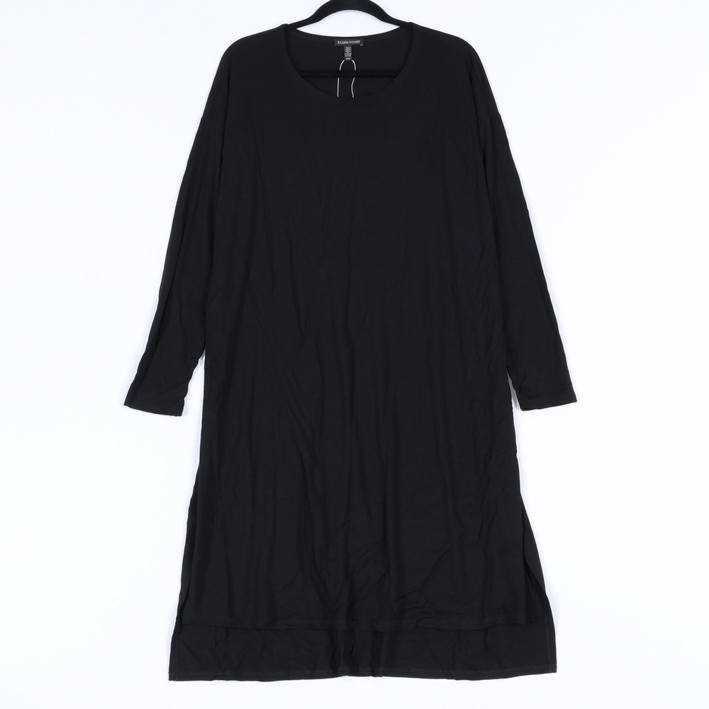 Eileen Fisher Shift Dress Womens Medium Black Long Sleeve Minimalist Timeless